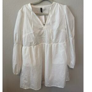 H&M Divided White Eyelet Babydoll Dress Long Sleeve Size L NWT